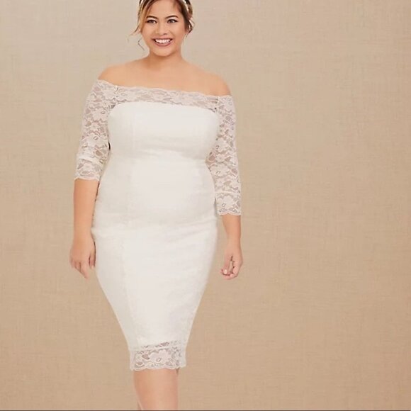 Torrid 26 Ivory Off Shoulder Bodycon Lace Midi Dress Wedding Special Occasion - Picture 1 of 7
